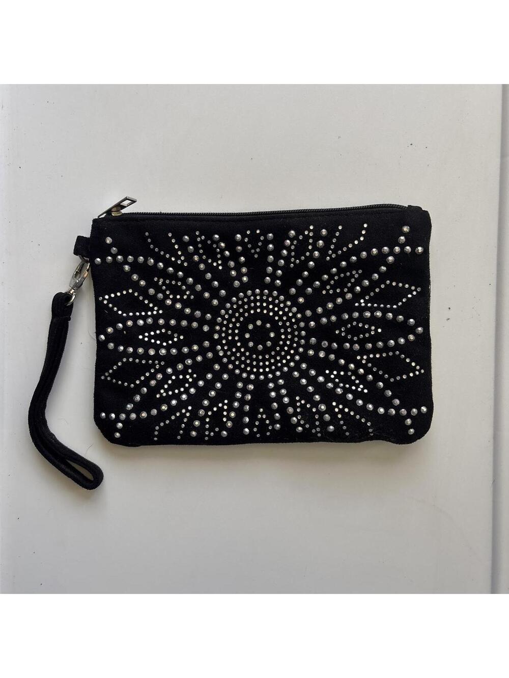 Black Suede Wristlet Clutch with Silver Studded Sunburst Design